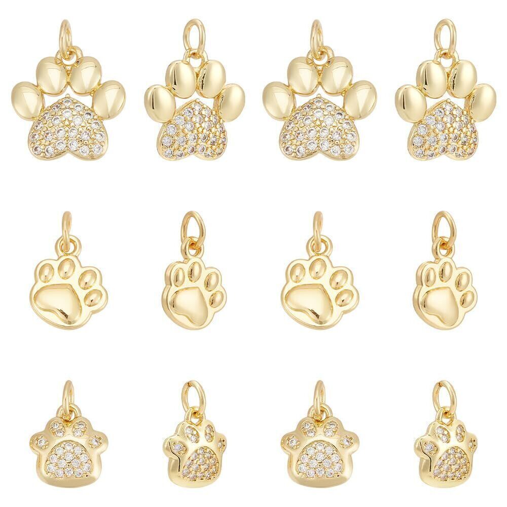 7905 18Pcs 3 Styles 18K Gold Plated Cubic Zirconia Dog Paw Print Charms